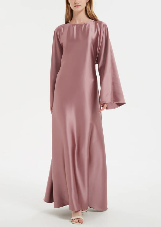 Solid Color Slightly Flared Sleeve Satin Elegant Abaya Maxi Dress for Women