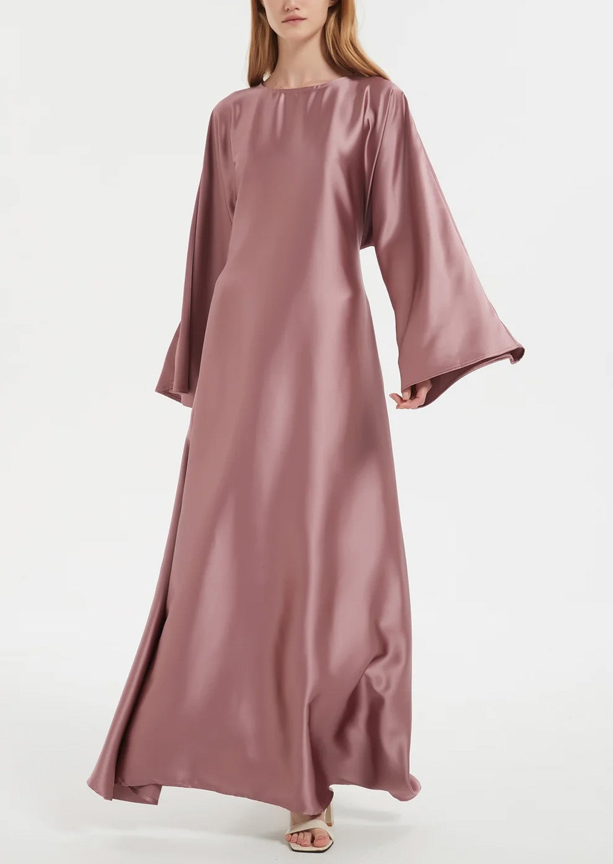 Solid Color Slightly Flared Sleeve Satin Elegant Abaya Maxi Dress for Women