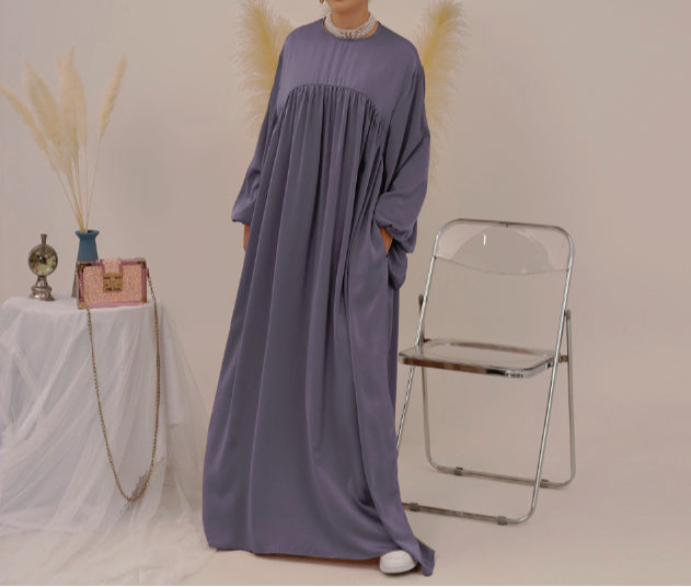 Eternal Blossom Satin Abaya Dress - Grayish Purple