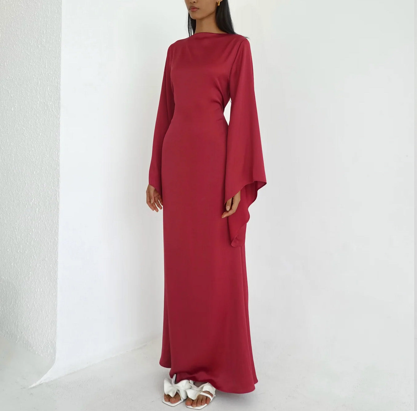 Solid Color Off-the-Shoulder Asymmetric Statement Sleeve Elegant Abaya Maxi Dress for Women-Red