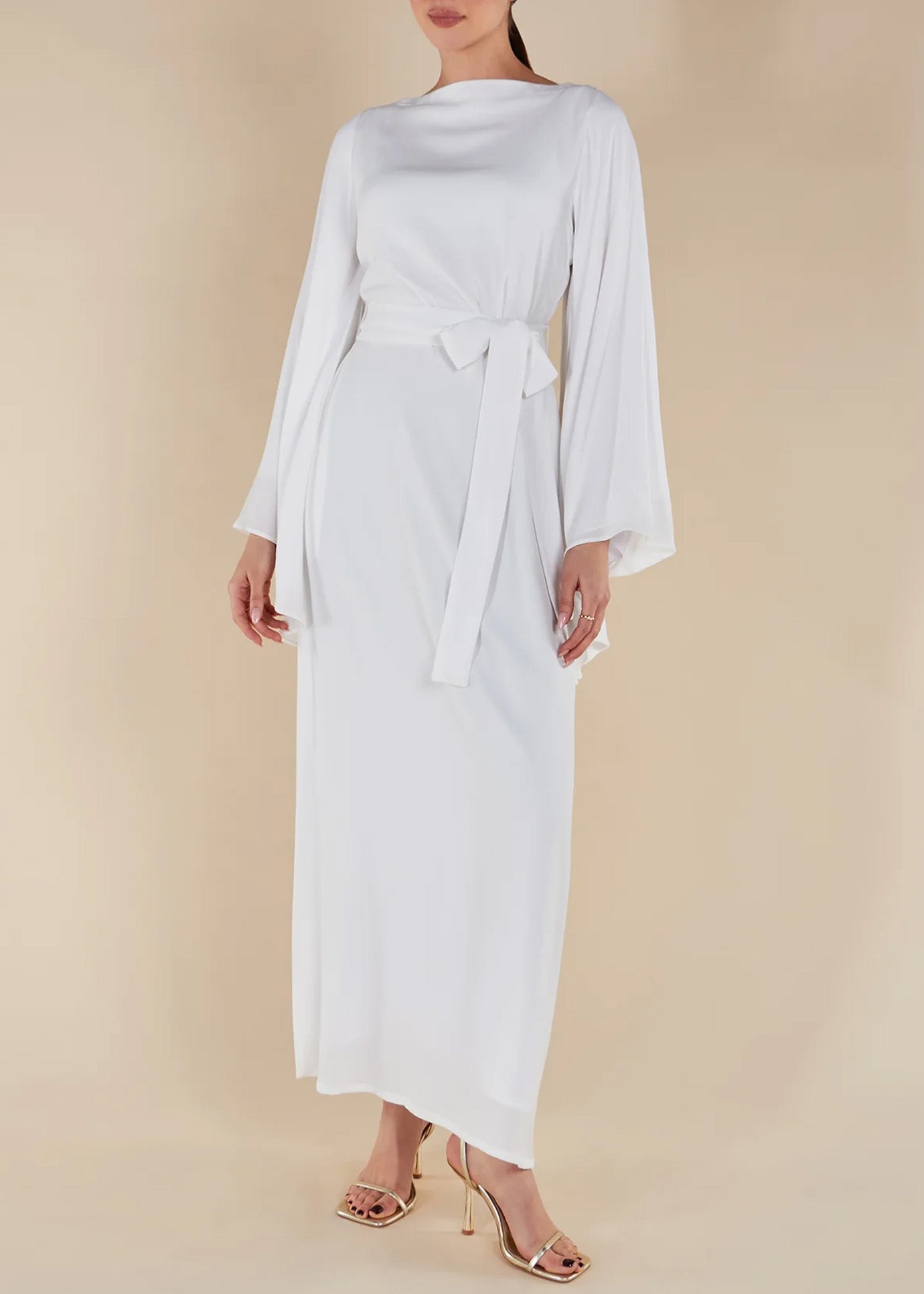 One-line Collar Wide Bell Sleeve Solid Color Abaya Maxi Dress for Muslim Women-White