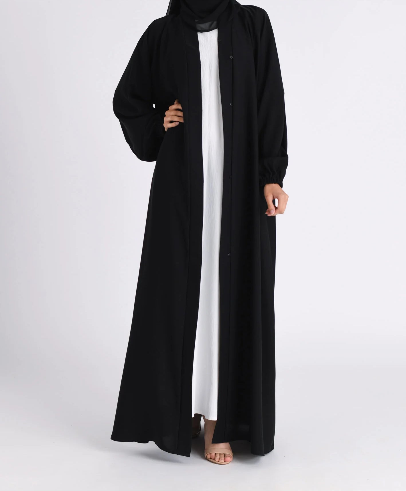 Classic Solid Open Abaya with Shrinking Cuffs - Black