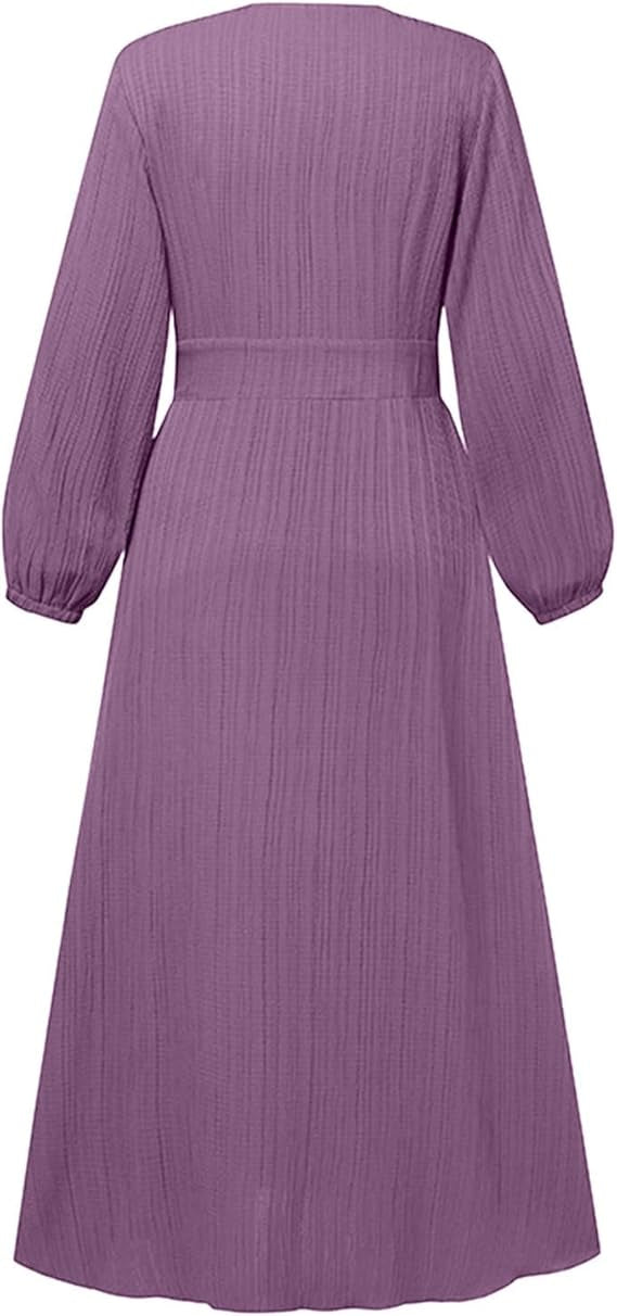 Women's Vintage Long-Sleeve Plain Modest Dress - Lavender