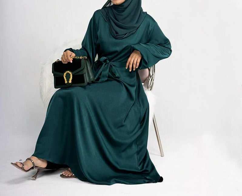 Zeenat Solid Satin Abaya Dress - Moss Green