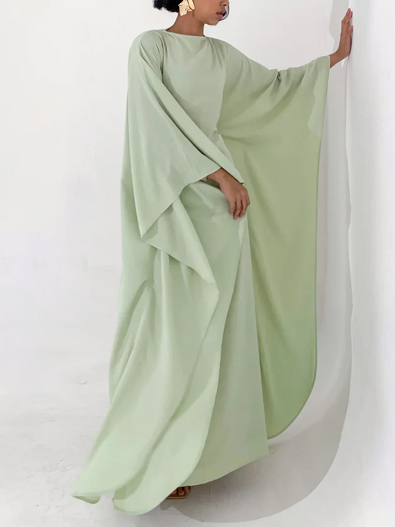 Elegant Satin-Textured High-Shine Abaya Maxi Dress for Women-Green