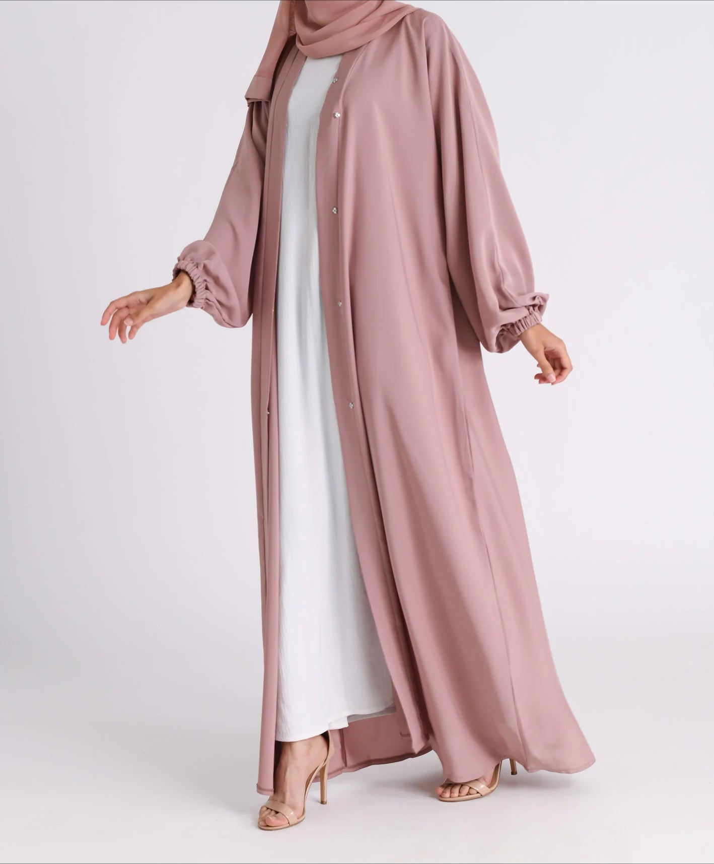 Classic Solid Open Abaya with Shrinking Cuffs - PalePink