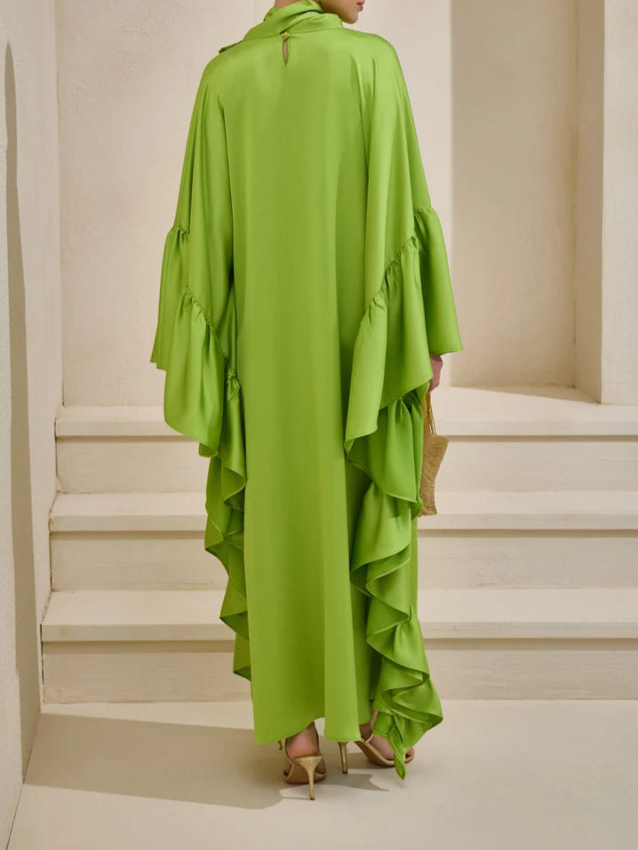 Tie Bow Big Ruffles Satin Kaftan - Green Grass