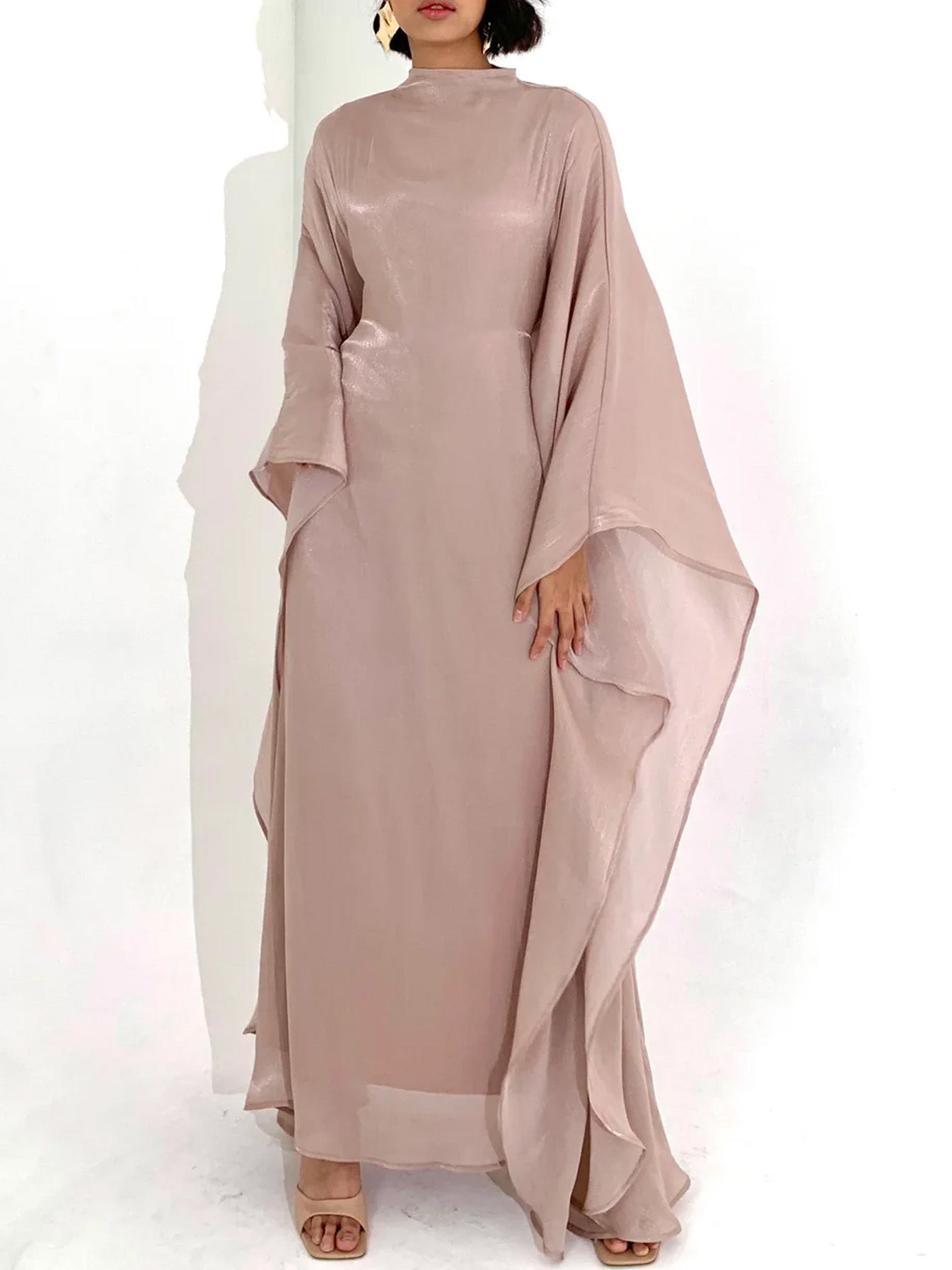 Elegant Satin-Textured High-Shine Abaya Maxi Dress for Women-Lotus Root Pink