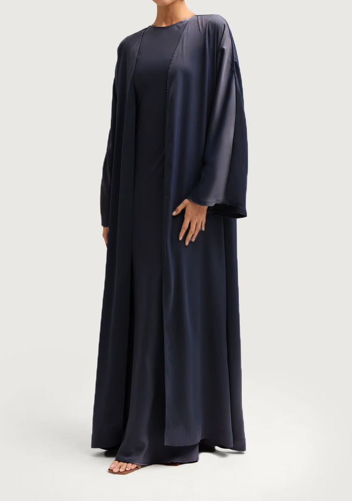 Sophia Heavy Satin Open Abaya Robe - Deep Navy