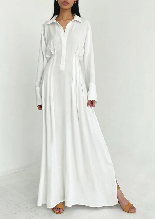 High-End Pure White Lapel Front Half-Placket Design Abaya Maxi Dress for Women