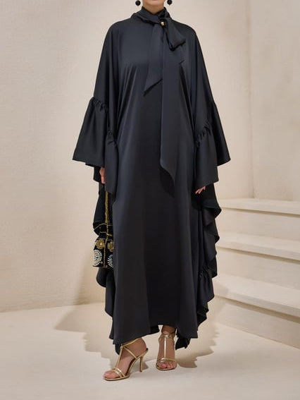 Tie Bow Big Ruffles Satin Kaftan - Night Black