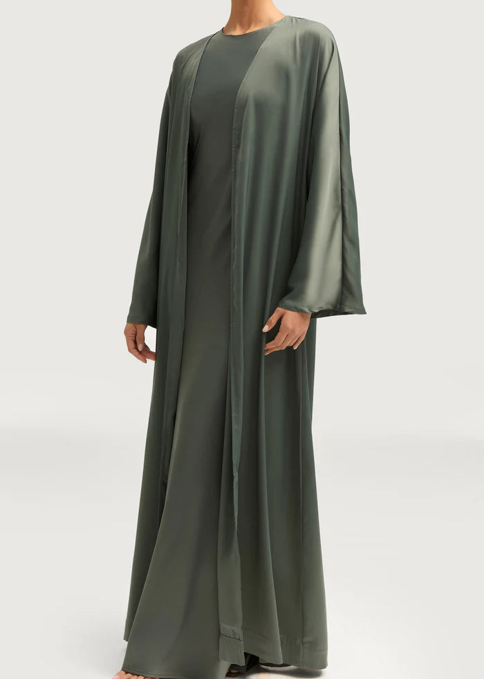 Sophia Heavy Satin Open Abaya Robe - Free Sage