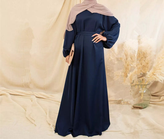 Zeenat Solid Satin Abaya Dress - Deep Navy