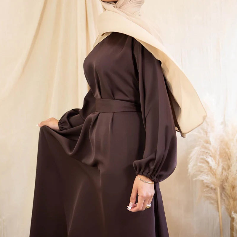 Zeenat Solid Satin Abaya Dress - Chocolate