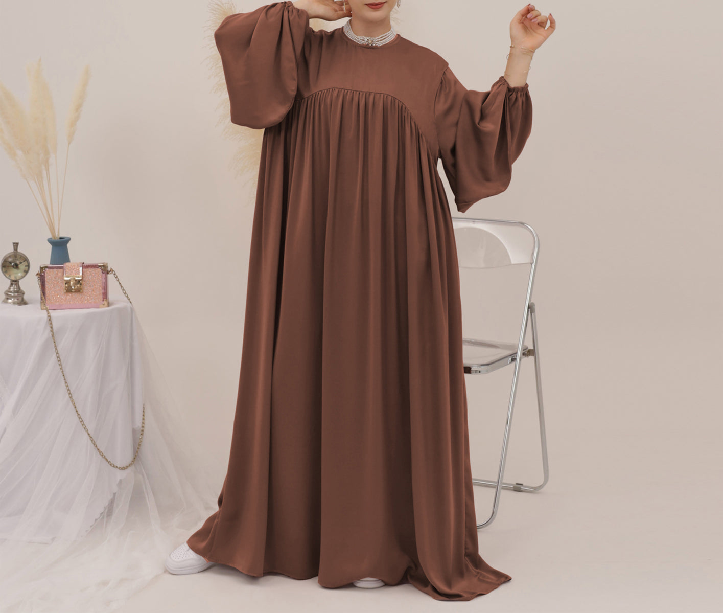 Eternal Blossom Satin Abaya Dress - Coffee