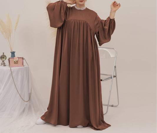Eternal Blossom Satin Abaya Dress - Coffee