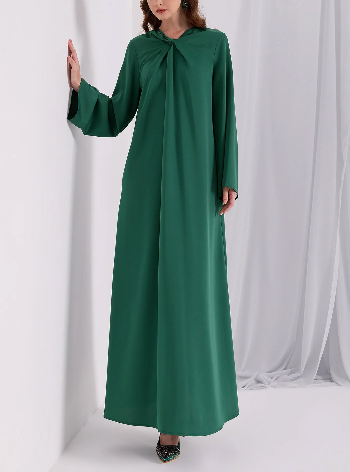 Green Ruffle Modest Muslim Maxi Abaya Dress-Green