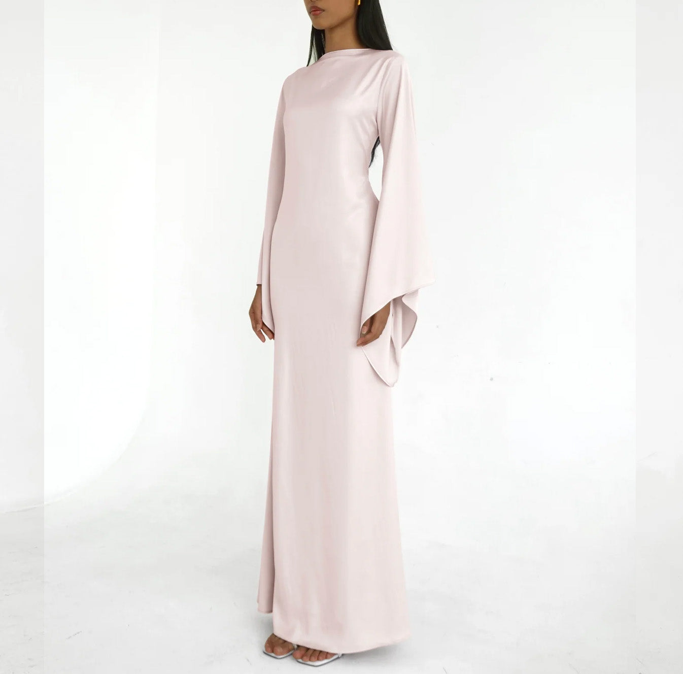 Solid Color Off-the-Shoulder Asymmetric Statement Sleeve Elegant Abaya Maxi Dress for Women-Light Pink