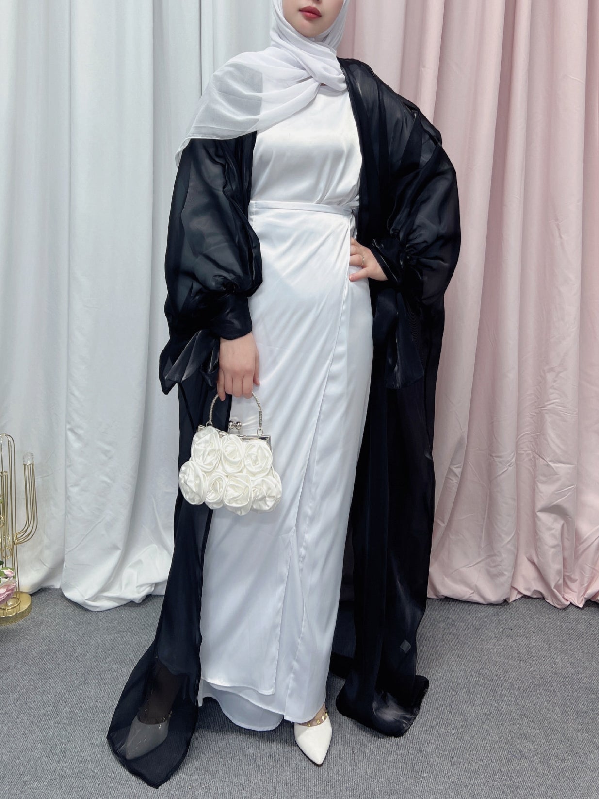 Bubble Sleeve Open Abaya Elegant Robe Dress