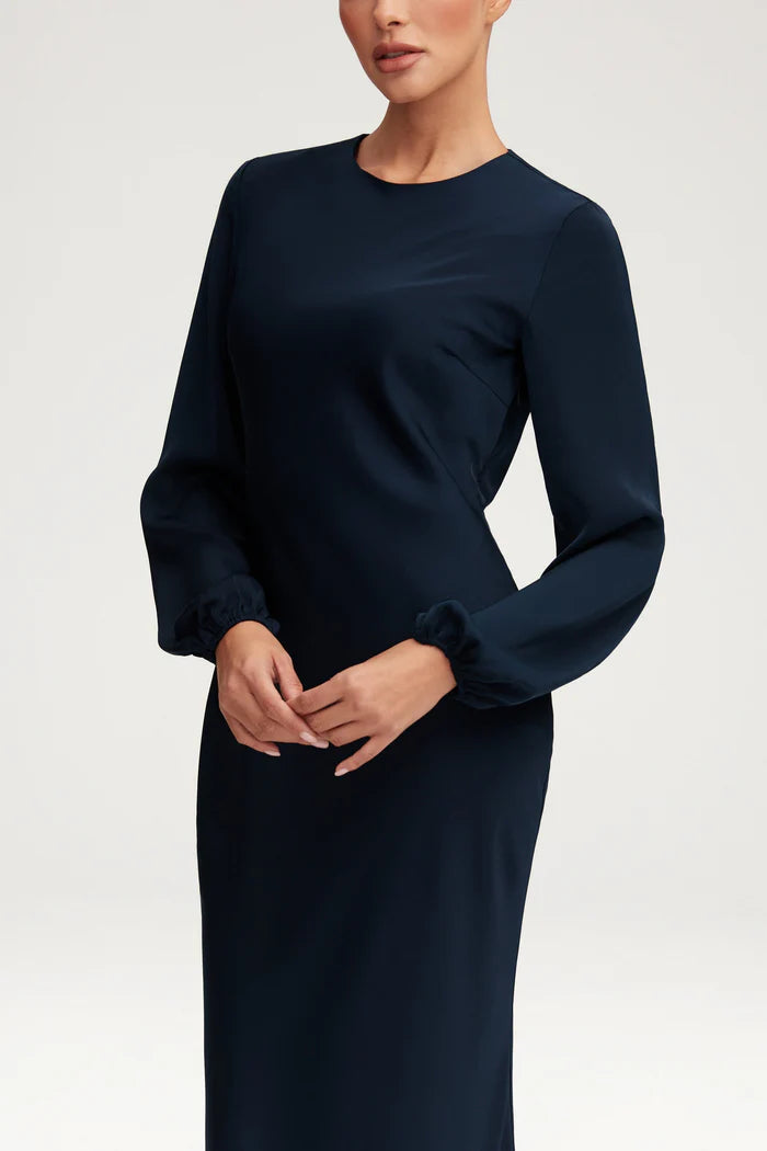 Sophia Heavy Satin Maxi Abaya Dress - Deep Navy