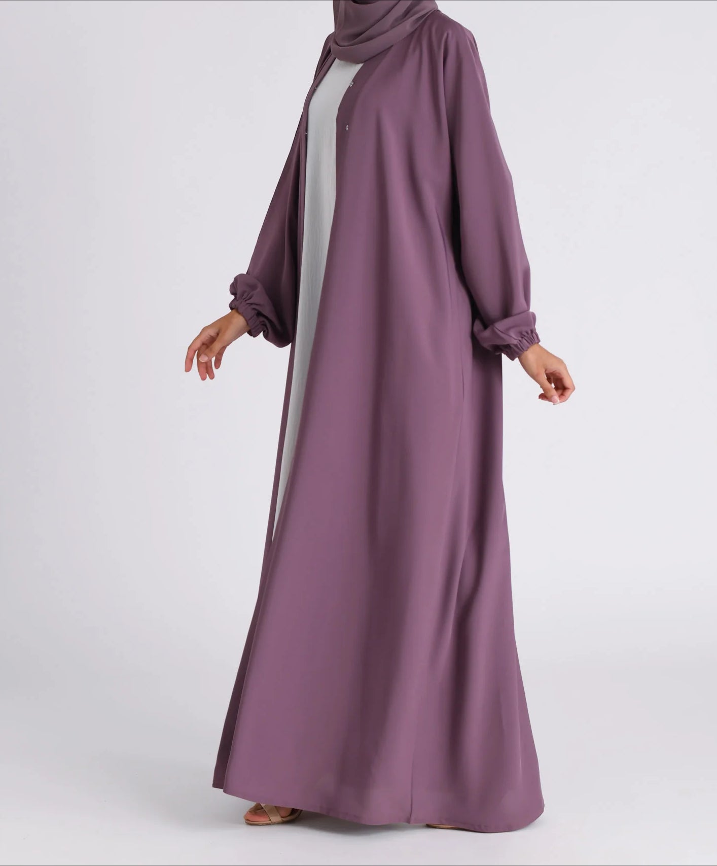 Classic Solid Open Abaya with Shrinking Cuffs - Purple