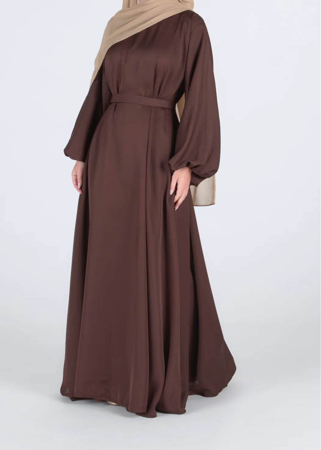 Zeenat Solid Satin Abaya Dress - Chocolate