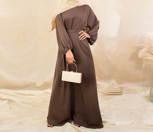 Zeenat Solid Satin Abaya Dress - Chocolate