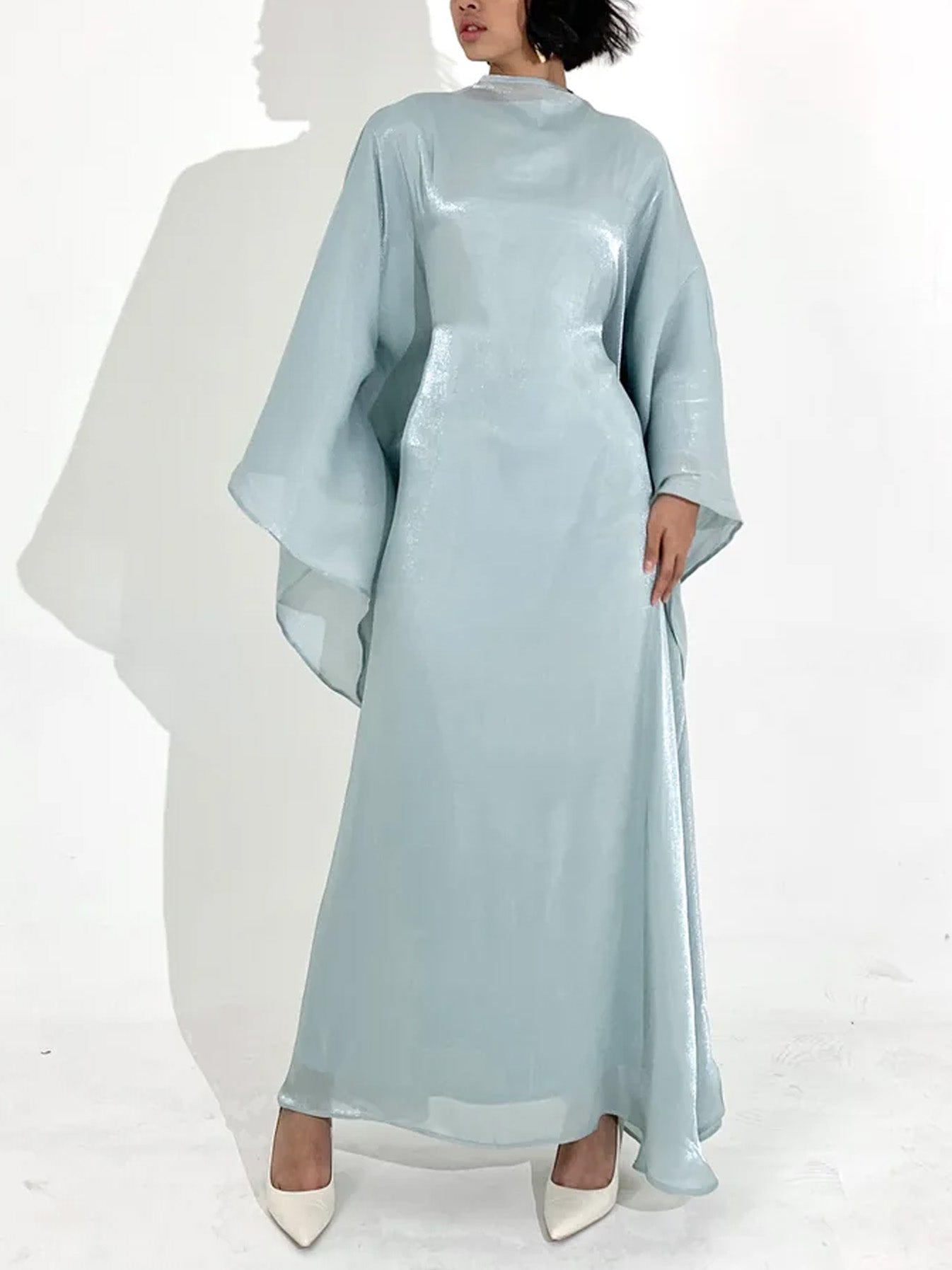Elegant Satin-Textured High-Shine Abaya Maxi Dress for Women-Blue