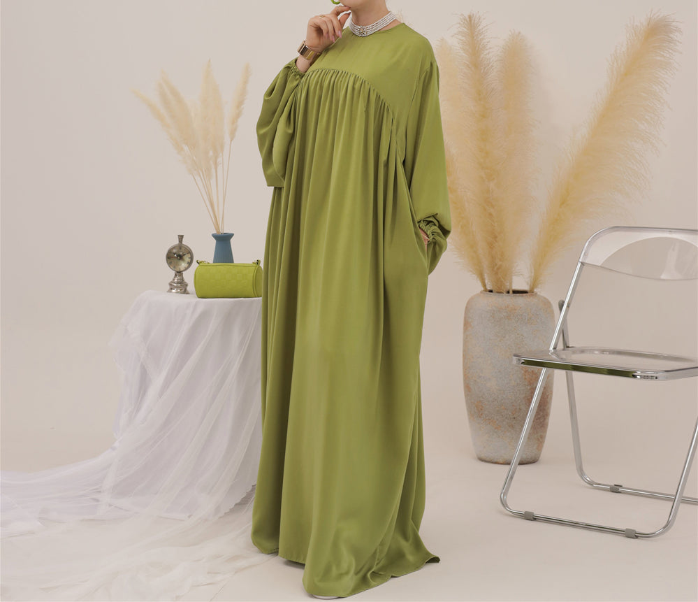 Eternal Blossom Satin Abaya Dress - Olive Green