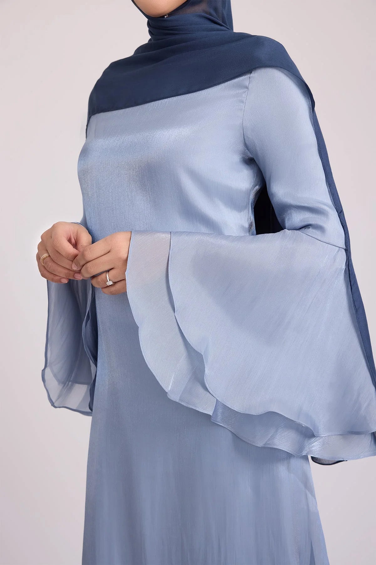 Elegant Solid Color Satin Wide Ruffled Sleeve Abaya Maxi Dress for Women