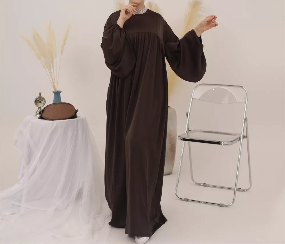 Eternal Blossom Satin Abaya Dress - Chocolate
