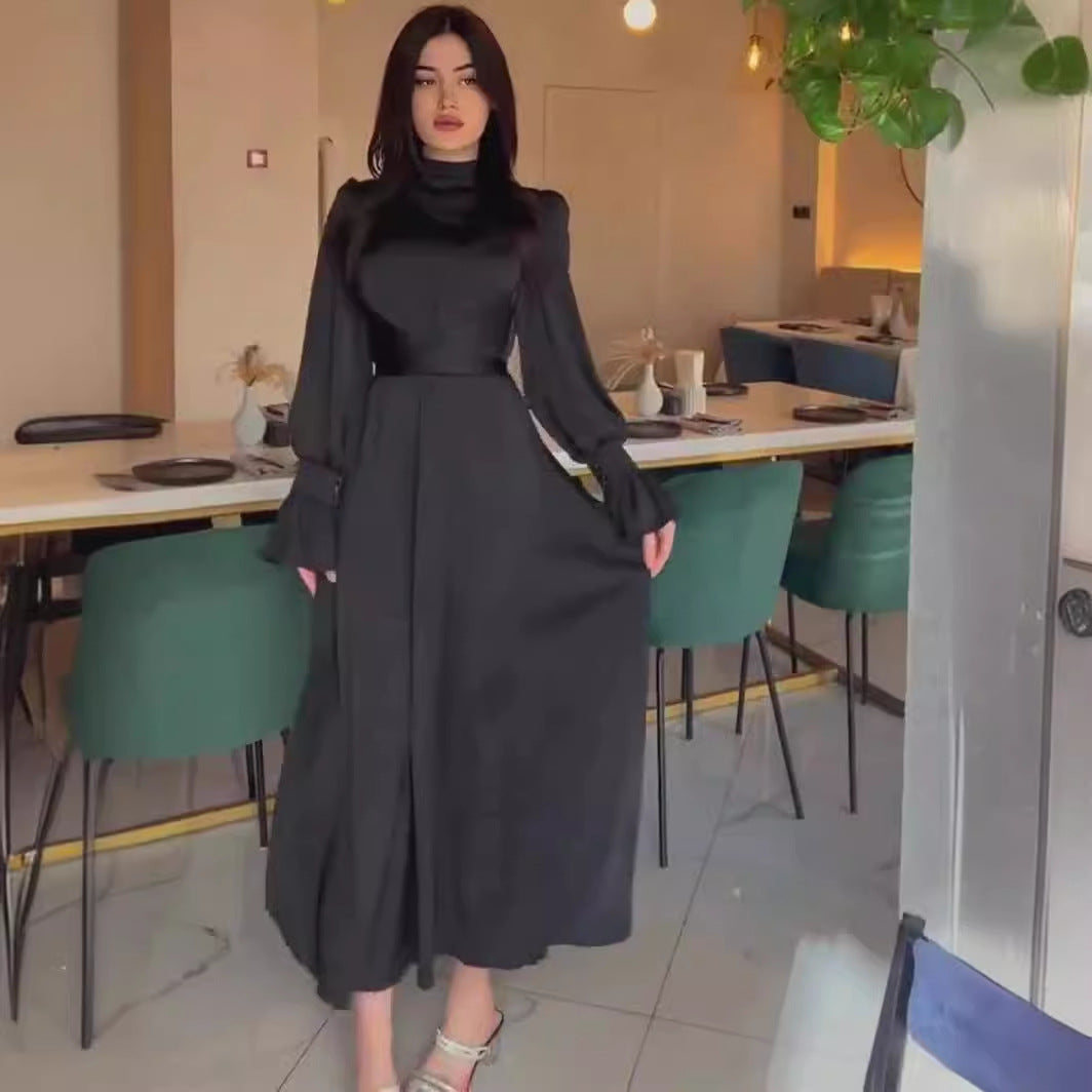 Satin Long-sleeved Waist-cinching Dress