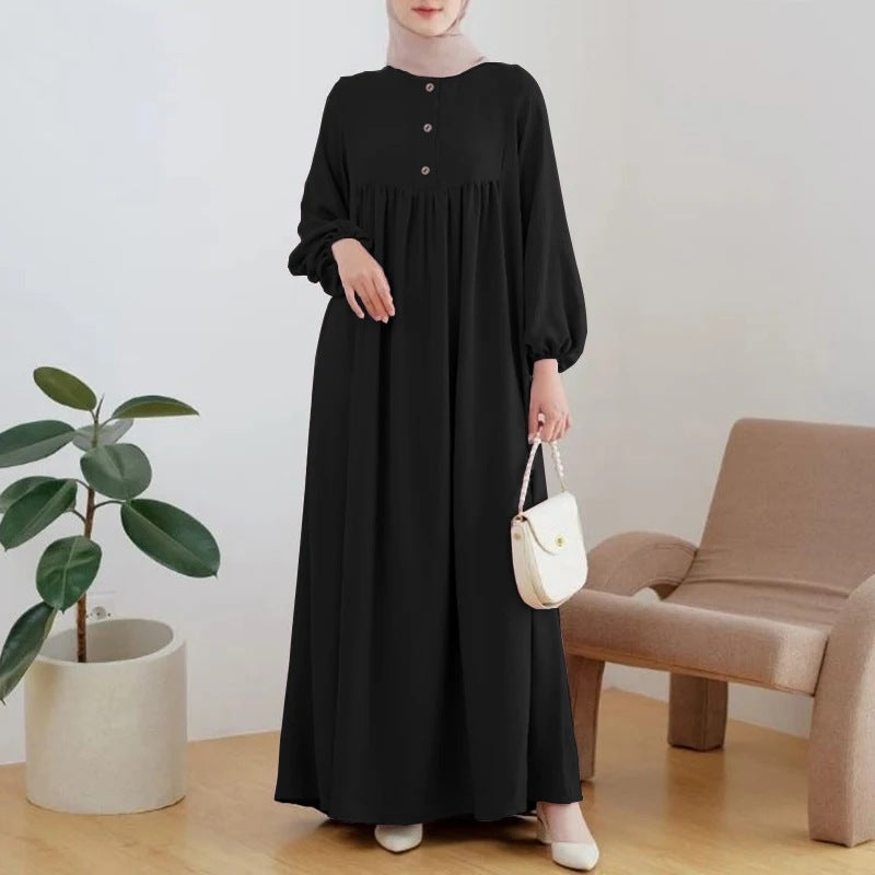 Women's Bubble Sleeves Loose Plain Modest Dress