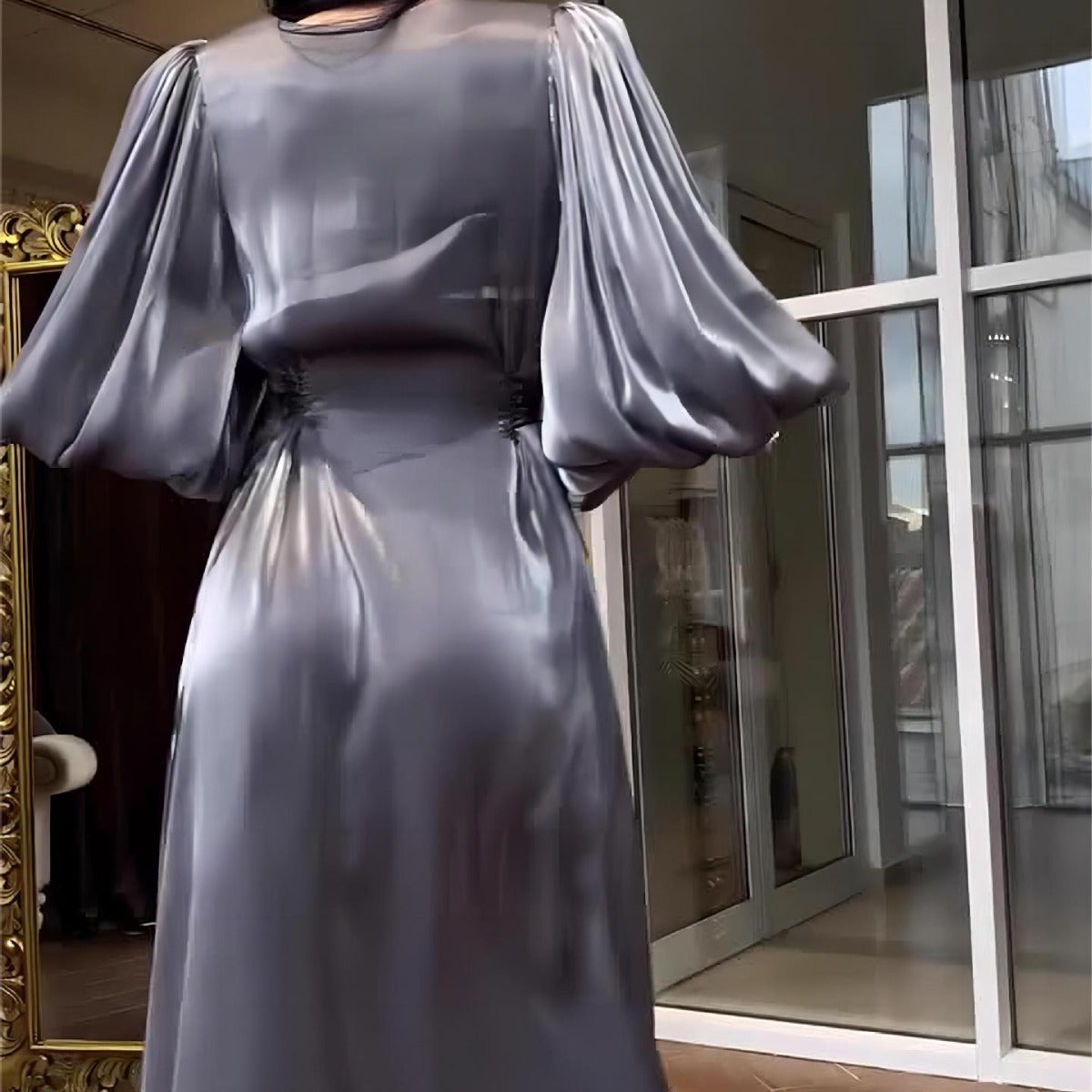 Women's Long-sleeved Satin Slim Tie Dress