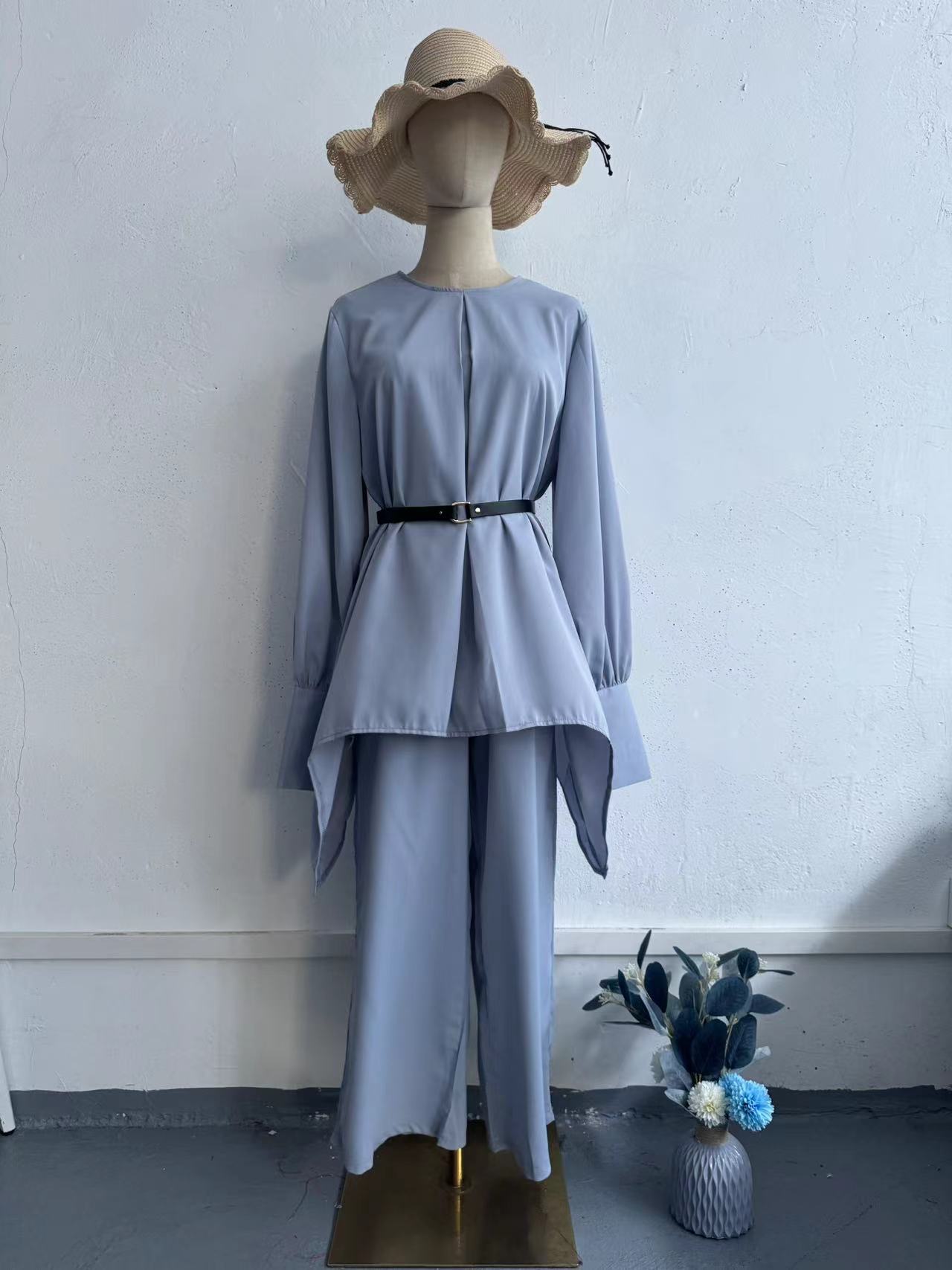 Women's Waist Cinched Bat Shirt Long-sleeved Solid Color Suit