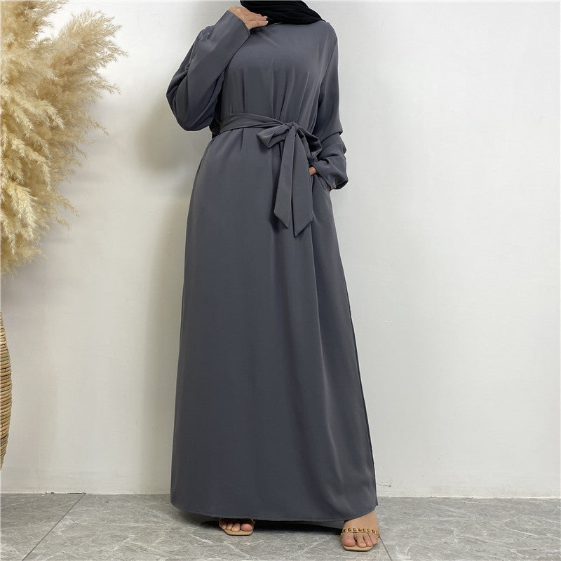Women's Plain Lace-up Pocket Abaya Dress