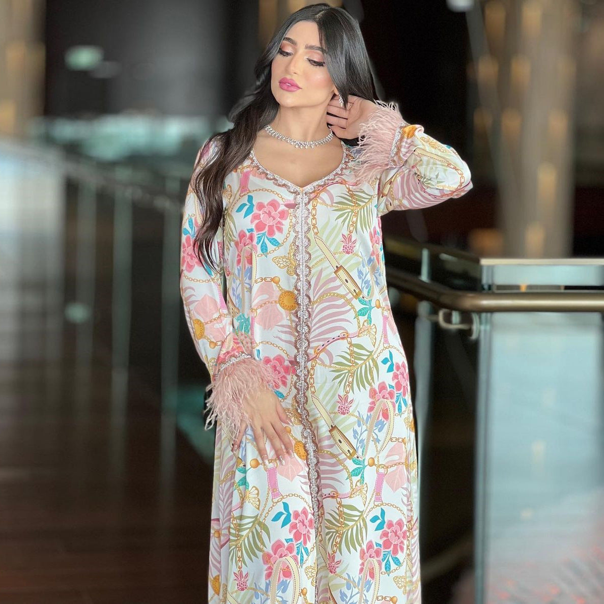 Feather Decoration Floral Abaya Dress