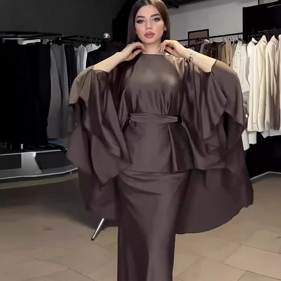 Lace-up Waist Roundneck Long-sleeved Suit Dress