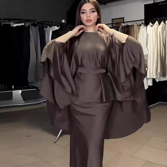 Lace-up Waist Roundneck Long-sleeved Suit Dress
