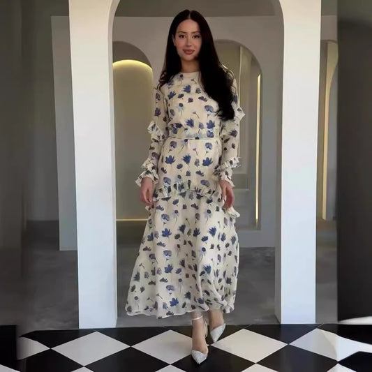 Women's Round Neck Long Sleeved Ruffle Dress