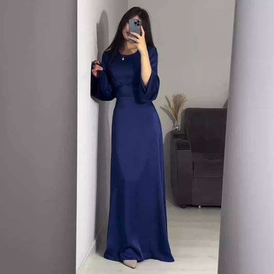Women's Waist-cinching Tie Solid Color Long-sleeved Dress