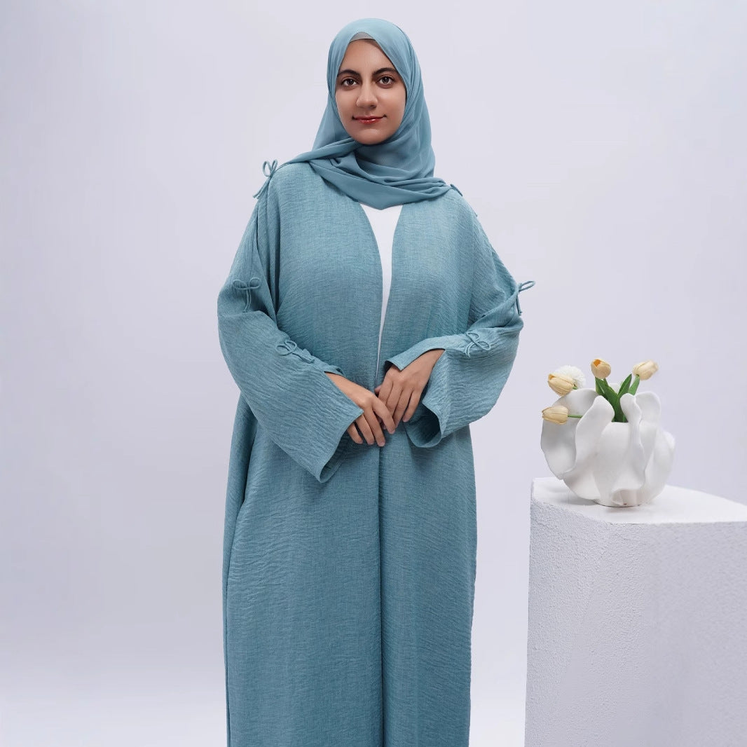 Elegant Textured Open Abaya with Bow Decortion