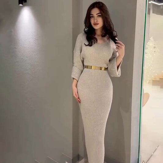Knitted Pullover V-neck Long Slim Dress