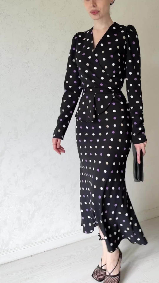 Polka Dot V-neck Hip Skirt Tie Waist Dress