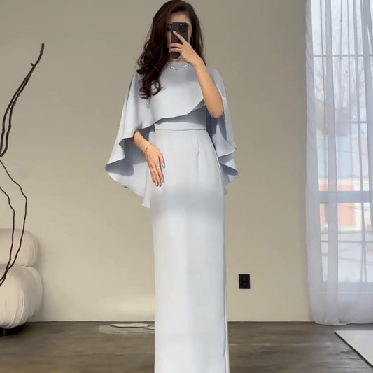 Satin Bat-cape Waist-cinching Long-sleeved Dress