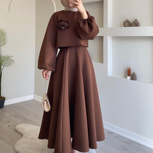 Flower Balloon Sleeve Loose Dress Two Piece Sets