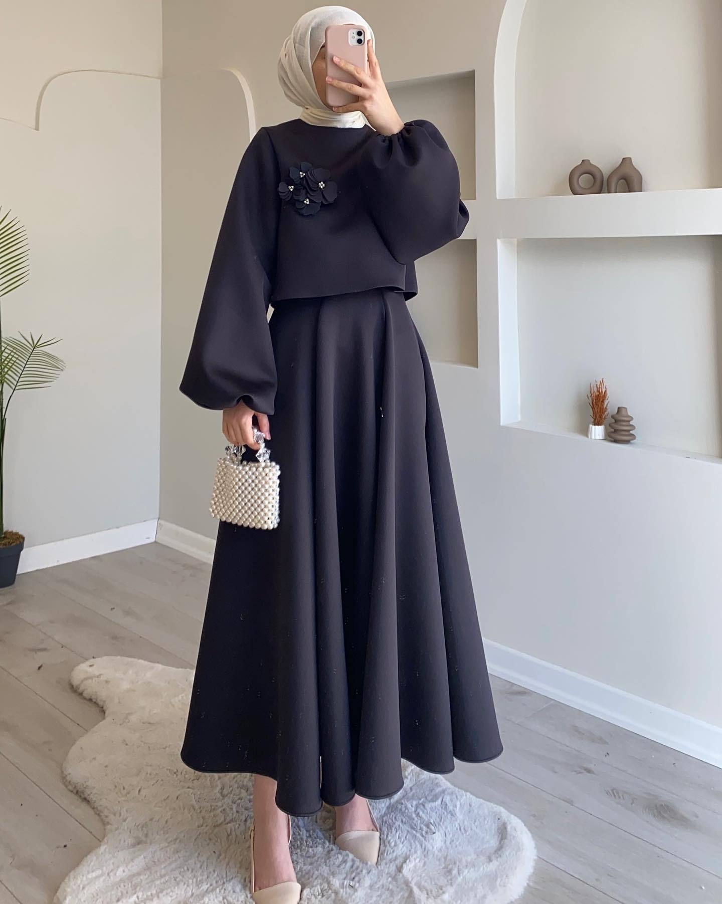 Flower Balloon Sleeve Loose Dress Two Piece Sets
