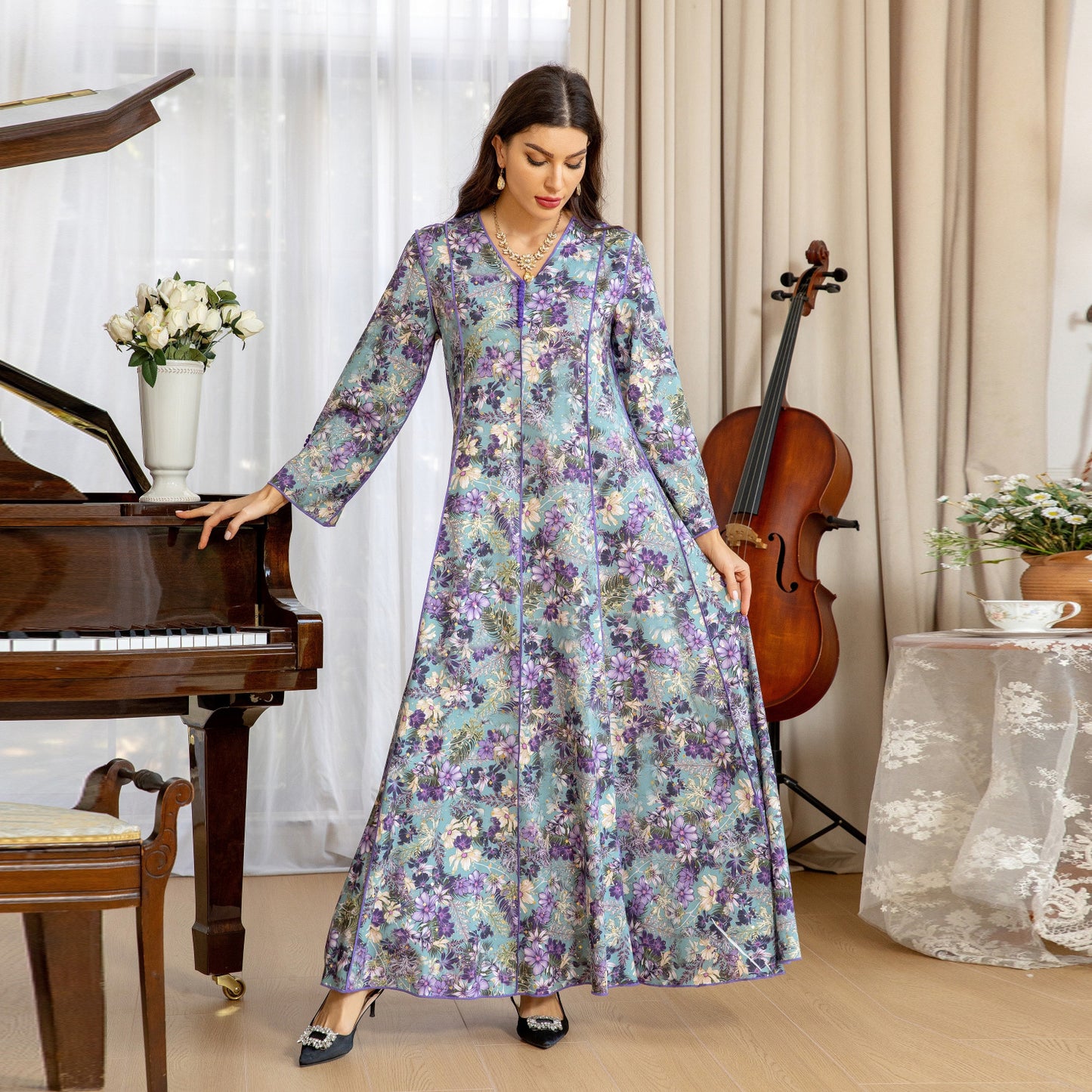 Elegant Floral Muslim Dress - Purple