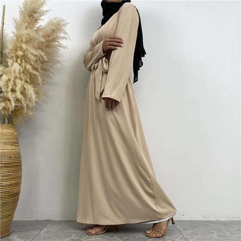 Women's Plain Lace-up Pocket Abaya Dress