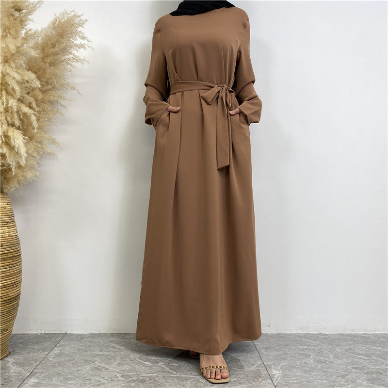 Women's Plain Lace-up Pocket Abaya Dress